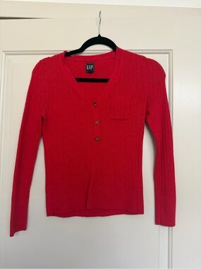 GAP Bright Red Ribbed V-Neck Button Henley Sweater